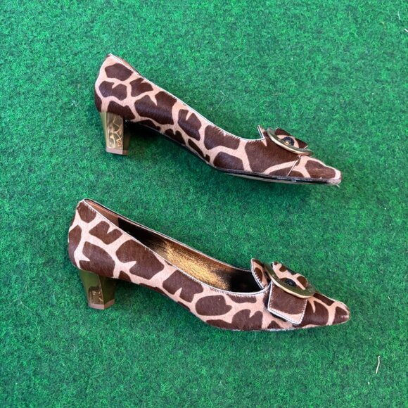 Prada Giraffe Print Gold Buckle Block Heel Loafer Pumps Size 8/ 38 - Picture 4 of 6